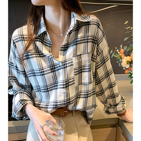 Chic Retro Plaid Oversized Shirt Jacket for Women - Casual Autumn Outerwear