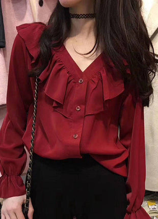 Elegant Chiffon V-Neck Ruffle Long Sleeve Blouse - Versatile Western Style Autumn Top