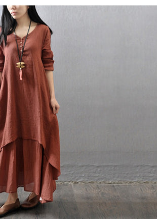 Elegant Linen Cotton Blend Long Sleeve Maxi Dress for Autumn Spring