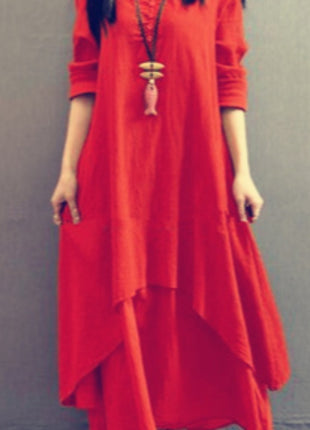 Elegant Linen Cotton Blend Long Sleeve Maxi Dress for Autumn Spring