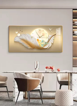 Luxury restaurant wall clock, stylish and silent, feather-themed Auspicious Flying Feathers D 80x40 cm