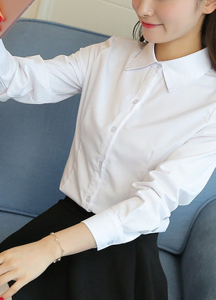 Chic Women's Korean Style Long-Sleeve Polyester Slim-Fit Button-Down Plus Size Blouse
