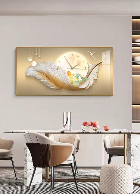 Luxury restaurant wall clock, stylish and silent, feather-themed Auspicious Flying Feathers D 60x30 cm