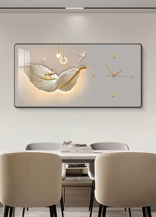 Luxury restaurant wall clock, stylish and silent, feather-themed Auspicious Flying Feathers A 80x40 cm