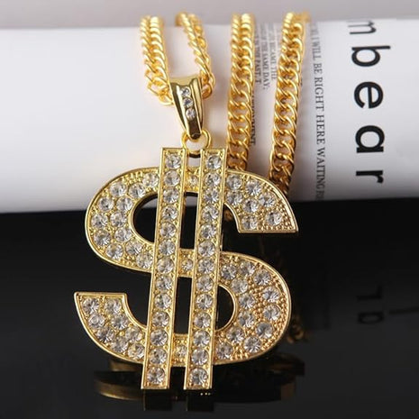 Vintage Hip-Hop Gold Chain Necklace with US Dollar Symbol for Men and Women, Diamond-Studded Pendant  (European and American Cross-Border Jewelry)