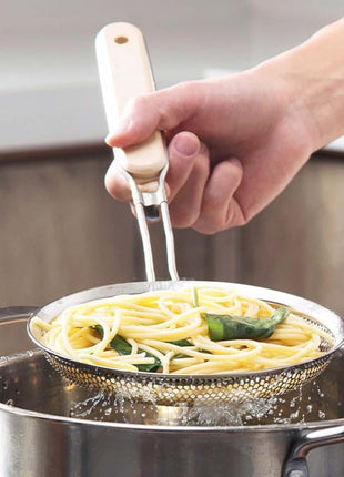 Stainless Steel Slotted Spoon Colander, Wooden Handle, Kitchen Frying Tool