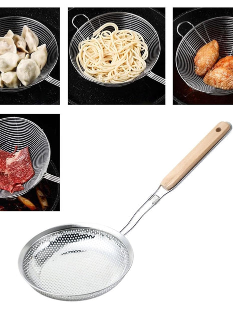 Stainless Steel Slotted Spoon Colander, Wooden Handle, Kitchen Frying Tool