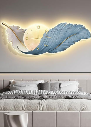 Luxury restaurant wall clock, stylish and silent, feather-themed Auspicious Flying Feathers E 60x30 cm