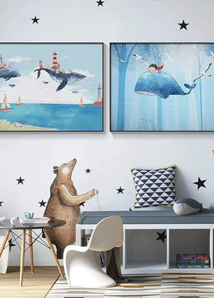 2D Flat, 1pc Large Modern Minimalist Whale Wall Art - Ocean Painting with Whale,  Framed Canvas Print in Sky Blue, for Living Room, Bedroom, Office Decor - Easy Hang Marine Life Poster Sea Decor, Home Decoration