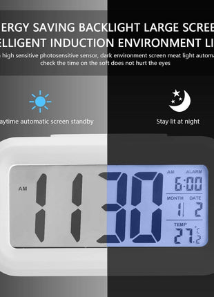 Quiet LED Night Light Alarm Clock: English Display, Temperature, Humidity Sensor