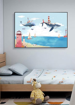 2D Flat, 1pc Large Modern Minimalist Whale Wall Art - Ocean Painting with Whale,  Framed Canvas Print in Sky Blue, for Living Room, Bedroom, Office Decor - Easy Hang Marine Life Poster Sea Decor, Home Decoration