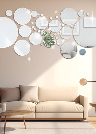 32pcs Classic Round Acrylic Mirror Wall Sticker, Self-adhesive Removable Art Mirror Tile Sticker for Ceramic Surface, Horizontal Orientation
