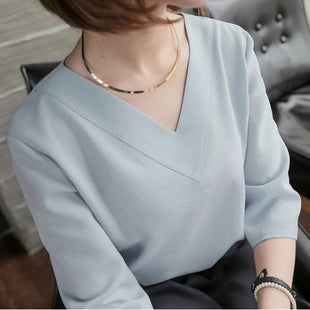 Chic Korean Style V-Neck Shiffon Blouse - Loose Fit Short Sleeve Mid-Length Top