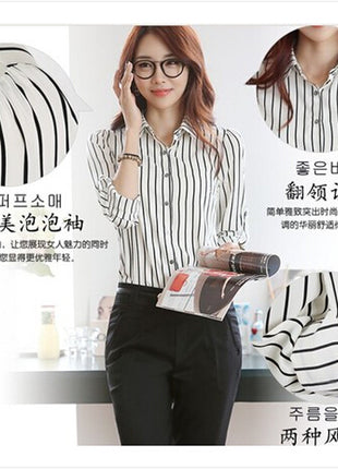 Women's Slim Fit White Long-Sleeve Stripe Polyester Professional Blouse Shirt