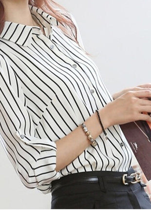 Women's Slim Fit White Long-Sleeve Stripe Polyester Professional Blouse Shirt