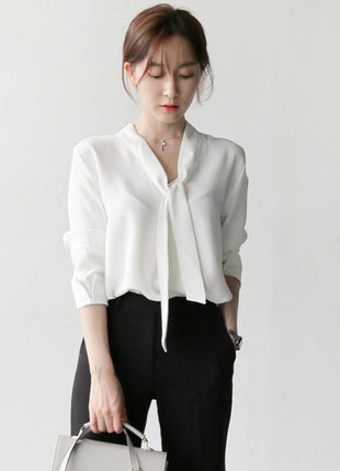 Elegant V-Neck Chiffon Blouse with Ribbon Tie - Loose Fit Long Sleeve Top