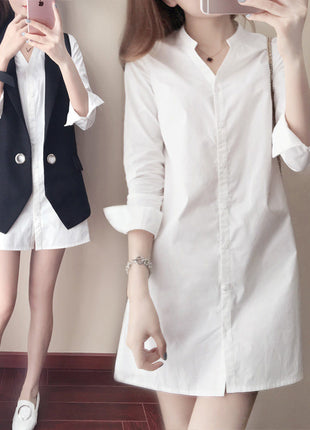 Chic Korean V-Neck Long-Sleeve Slim Fit Mid-Length Shirt for Women