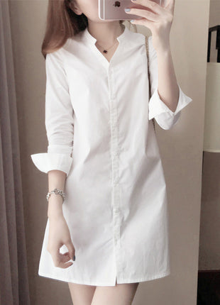 Chic Korean V-Neck Long-Sleeve Slim Fit Mid-Length Shirt for Women