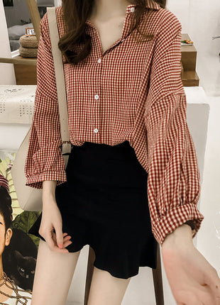 Trendy Autumn Plaid Loose Fit Long-Sleeve Lantern Sleeve Cardigan Shirt Jacket