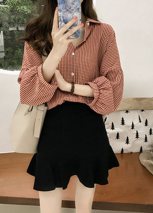 Trendy Autumn Plaid Loose Fit Long-Sleeve Lantern Sleeve Cardigan Shirt Jacket