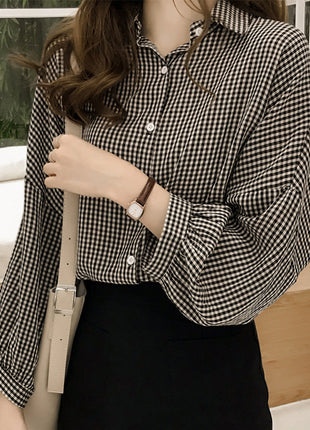 Trendy Autumn Plaid Loose Fit Long-Sleeve Lantern Sleeve Cardigan Shirt Jacket