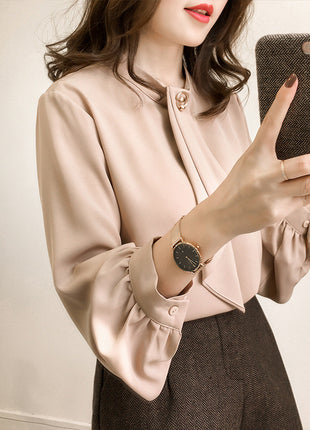 Chic Solid Chiffon Blouse with Lantern Sleeves - Elegant Pullover Top