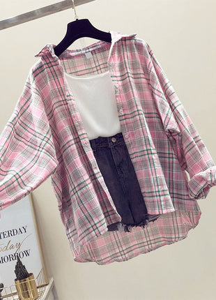 Korean Style Women's Plaid Lightweight Summer Cardigan Jacket Loose Mid-Length Top