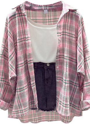 Korean Style Women's Plaid Lightweight Summer Cardigan Jacket Loose Mid-Length Top