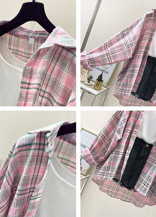 Korean Style Women's Plaid Lightweight Summer Cardigan Jacket Loose Mid-Length Top
