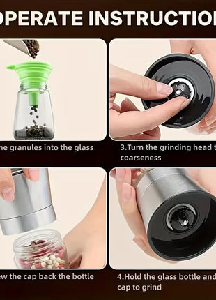 Manual Glass Pepper Grinder with Stainless Steel Mechanism for Kitchen Spices