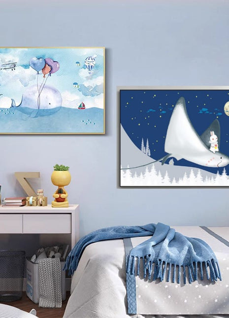 2D Flat, 1pc Large Modern Minimalist Whale Wall Art - Ocean Painting with Whale,  Framed Canvas Print in Sky Blue, for Living Room, Bedroom, Office Decor - Easy Hang Marine Life Poster Sea Decor, Home Decoration