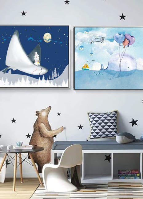 2D Flat, 1pc Large Modern Minimalist Whale Wall Art - Ocean Painting with Whale,  Framed Canvas Print in Sky Blue, for Living Room, Bedroom, Office Decor - Easy Hang Marine Life Poster Sea Decor, Home Decoration