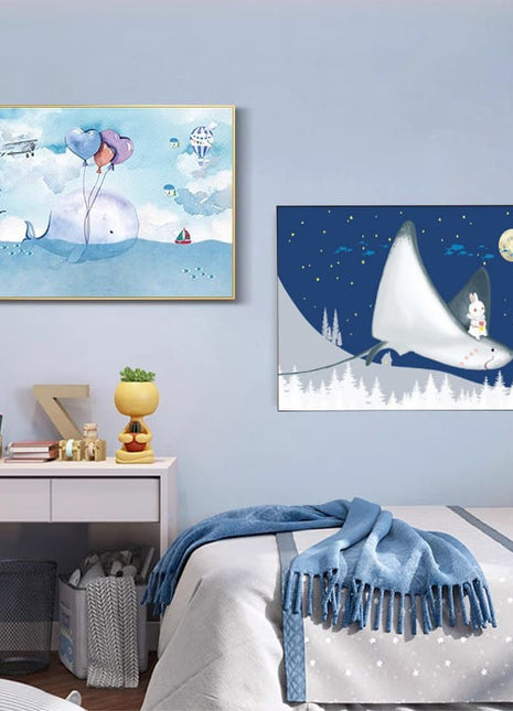 2D Flat, 1pc Large Modern Minimalist Whale Wall Art - Ocean Painting with Whale,  Framed Canvas Print in Sky Blue, for Living Room, Bedroom, Office Decor - Easy Hang Marine Life Poster Sea Decor, Home Decoration