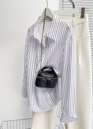 Chic European City Style Striped Oversized Long-Sleeve Casual Polyester Shirt