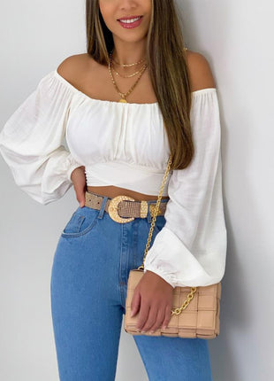 Chic Women's Puff Sleeve Off Shoulder Crop Top Blouse Tie-Front