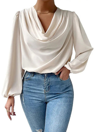 Elegant V-Neck Chiffon Blouse, Long Sleeve Loose Fit European Women's Top