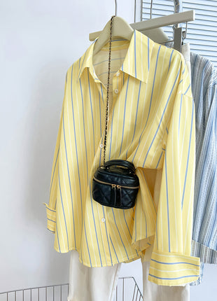 Chic European City Style Striped Oversized Long-Sleeve Casual Polyester Shirt