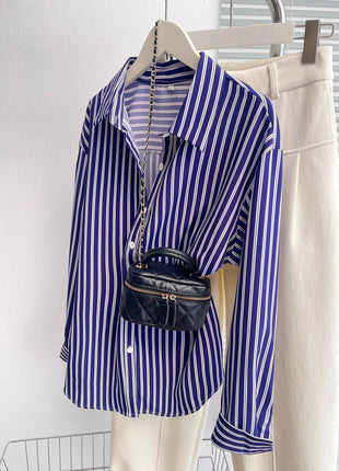 Chic European City Style Striped Oversized Long-Sleeve Casual Polyester Shirt
