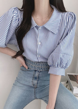 Women's Retro Striped Five-Point Sleeve Summer Shirt Loose Casual Polo Collar Blouse