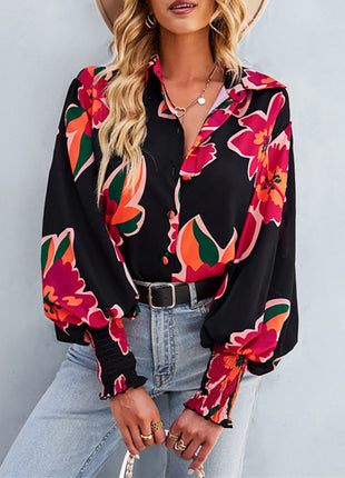 Elegant Women's Spring Floral Print Lantern Sleeve Polo Collar Loose Blouse