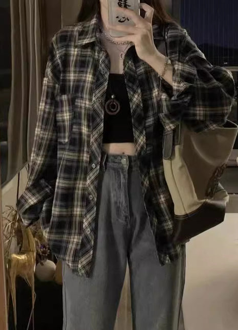 Chic Retro Plaid Long-Sleeve Button-Up Casual Shirt Jacket for Women