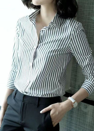 Chic Women's Striped Polo Collar Long-Sleeve Polyester Slim Fit Blouse