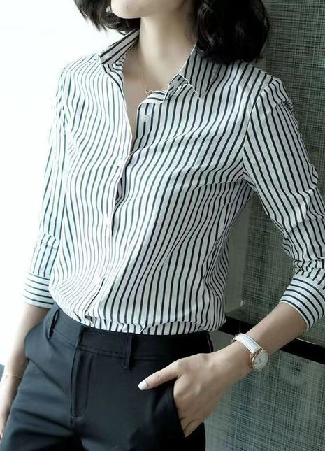 Chic Women's Striped Polo Collar Long-Sleeve Polyester Slim Fit Blouse