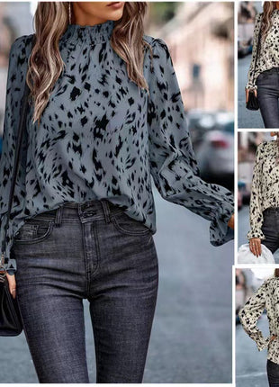 Elegant Women's Loose Fit High Collar Ruffle Long Sleeve Polyester Blouse