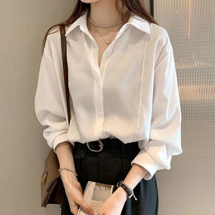 Elegant Women's Long-Sleeve Button-Down Shirt Versatile Polyester Blouse Top for Autumn