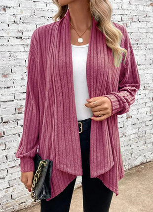Women's Versatile Solid Ribbed Knit Long-Sleeve Open Front Cardigan Sweater