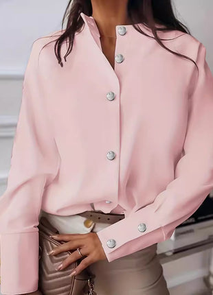Elegant Women's Solid Color Long-Sleeve Button-Up Shirt with Stand Collar