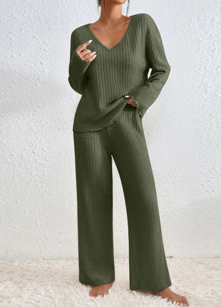 Women's Oversize V-Neck Ribbed Brushed Long-Sleeve Leisure Set for Fall Winter