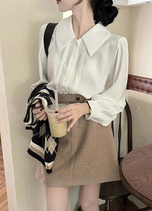 Chic Women's Long Sleeve Polo Collar Shirt - Elegant White, Versatile Style Top