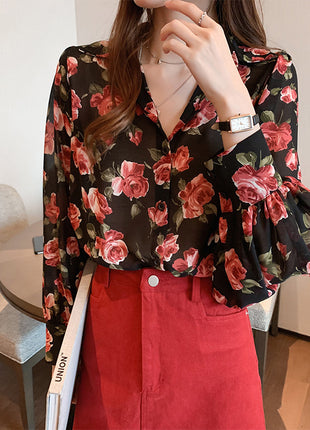 Plus Size Loose Fit Floral Shiffon Polo Collar Long-Sleeve Lantern Shirt